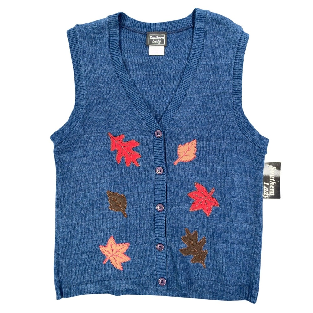 Southern Lady Vintage Sweater Vest Womens M Blue Leaf Embroidered Deadstock NWT